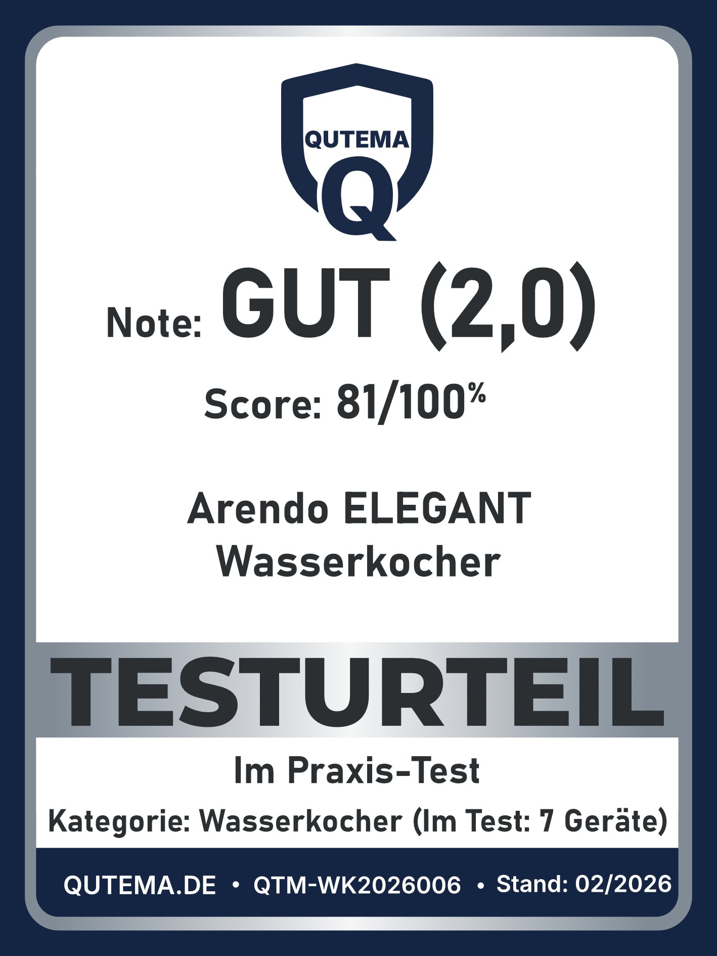 Arendo ELEGANT Wasserkocher QUTEMA Testsiegel