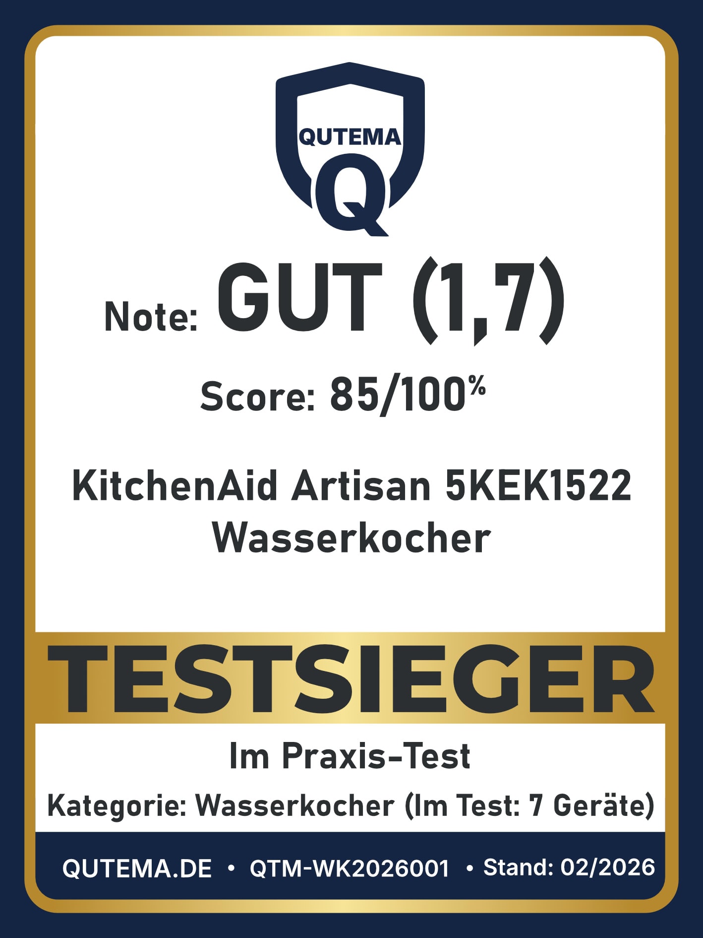 KitchenAid Artisan 5KEK1522 Wasserkocher QUTEMA Testsiegel