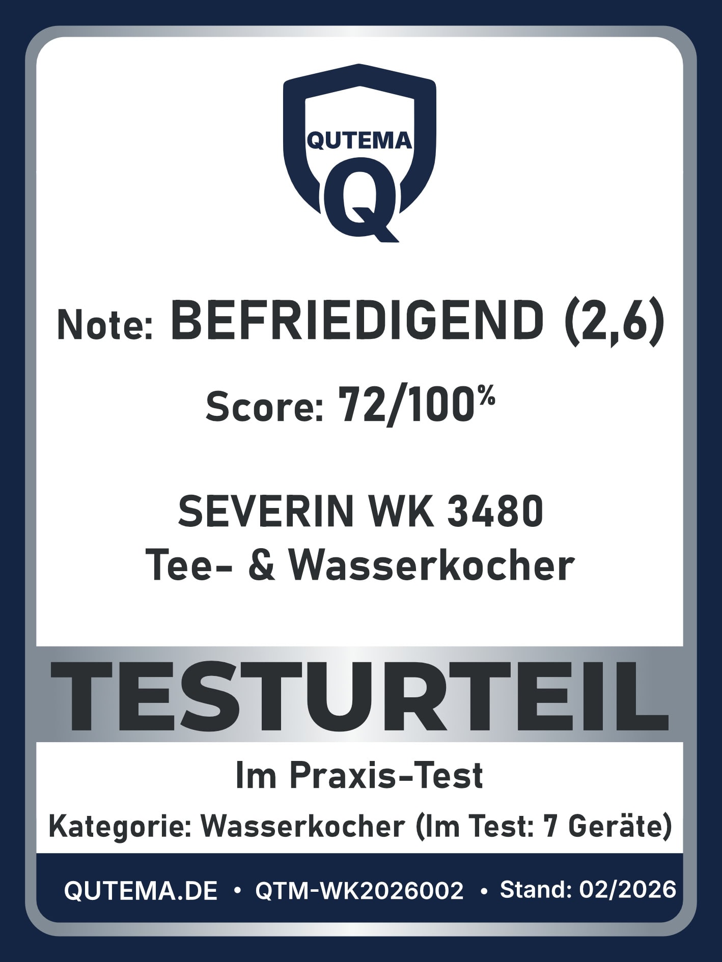 SEVERIN WK 3480 Tee- & Wasserkocher QUTEMA Testsiegel