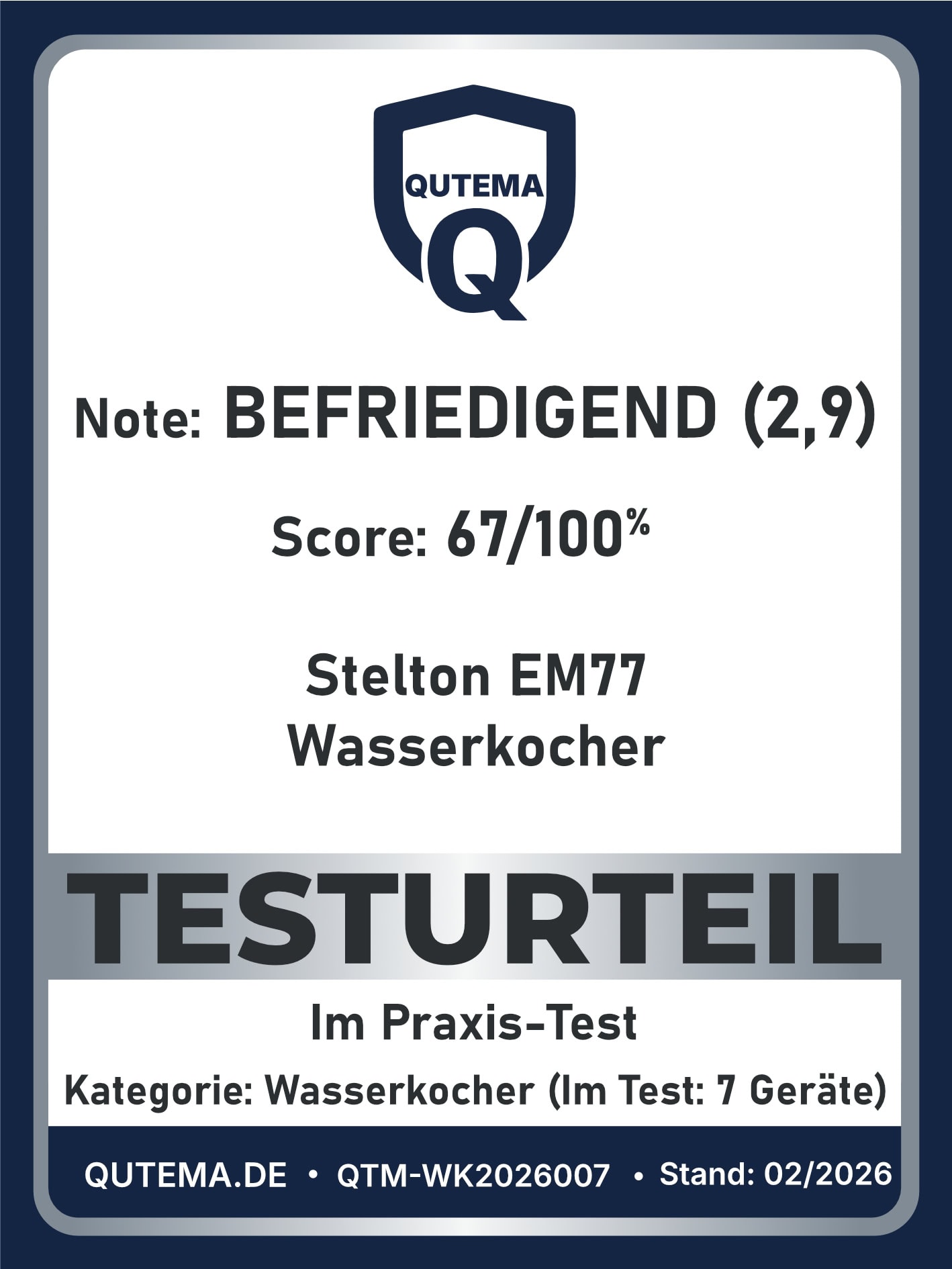 Stelton EM77 Wasserkocher QUTEMA Testsiegel